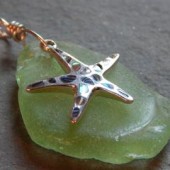 Light Green Sea Glass and Abalone with Sterling Silver Starfish Necklace by thegildedlilystore $75.00